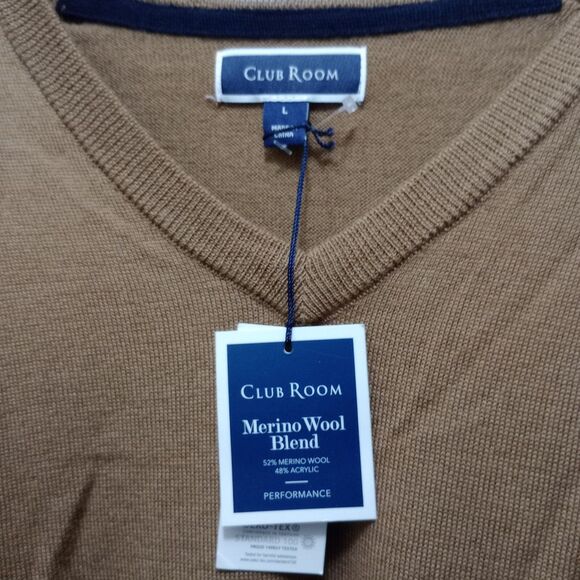 Club Room Sweater Mens Large Italian Spun Merino Wool Blend V-Neck Brown NEW - Picture 2 of 5